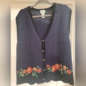 Vintage Navy Koret Sweater Vest With Floral Embroidery Size Medium NWT